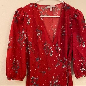 Red floral midi wrap dress